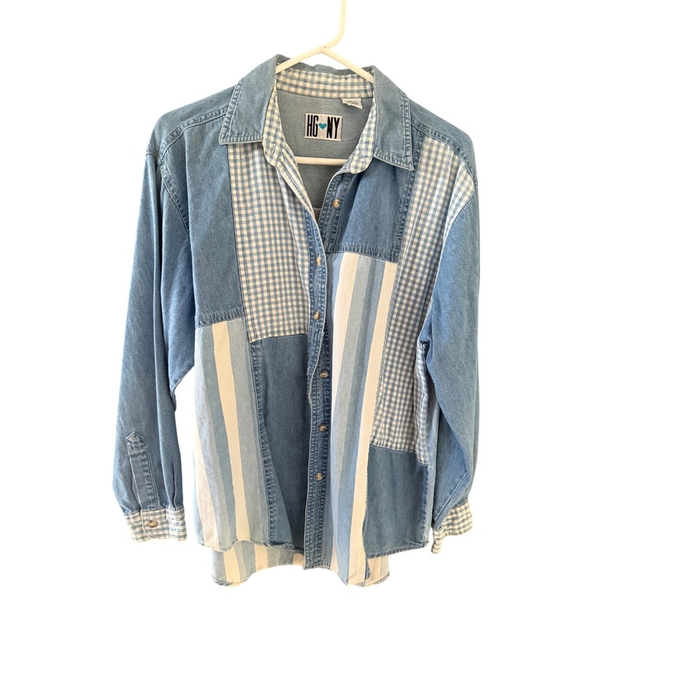 HG NY Vintage Cottage Western Denim Patchwork Button Shirt Blue Gingham Stripe L